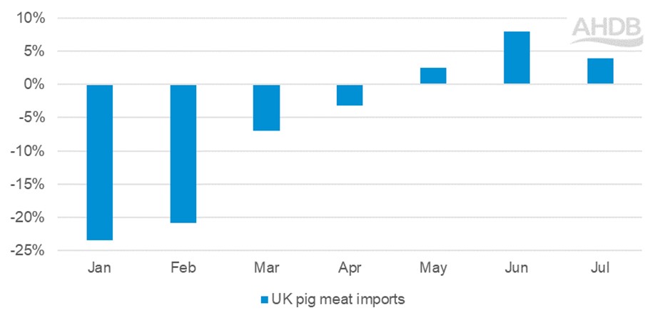 Bar chart showing the year on year change in UK monthly pig meat imports